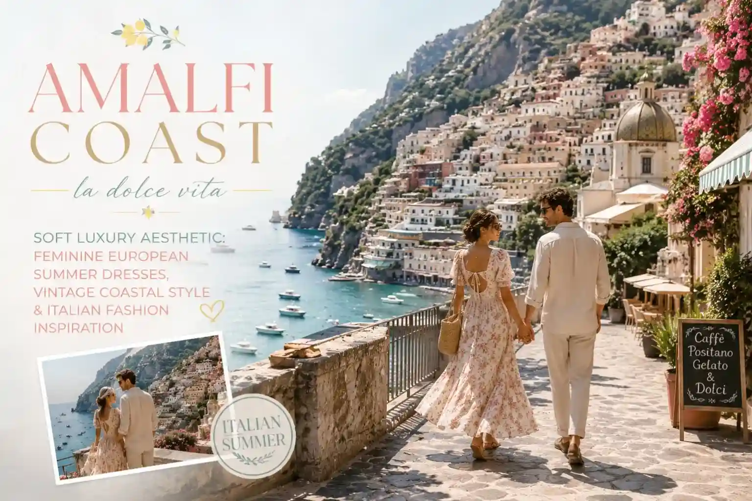 Soft Luxury Amalfi Coast Aesthetic Feminine European Summer Dresses, Vintage Coastal Style & Italian Fashion Inspiration