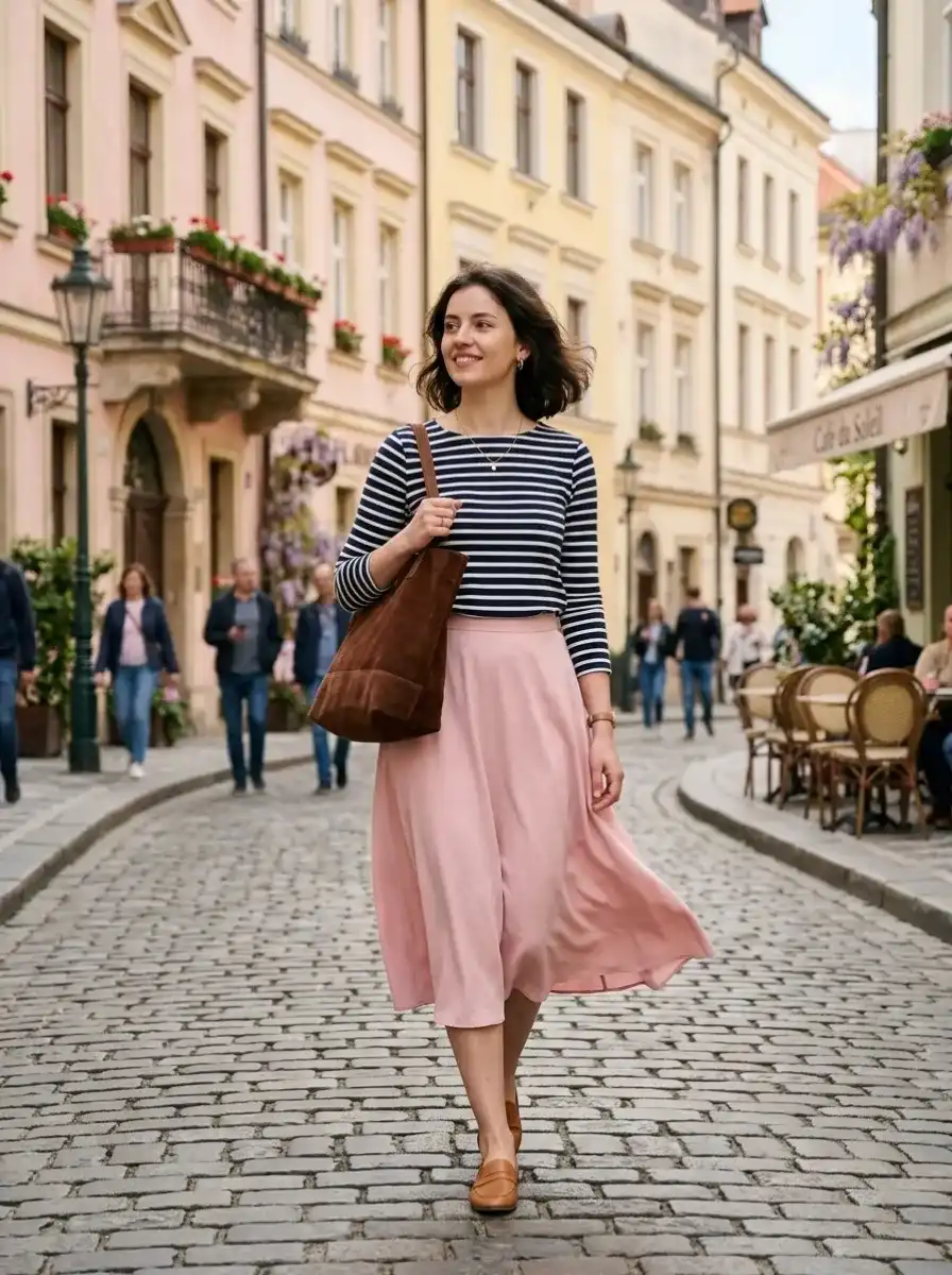 Breton Top + Pretty Skirt + Suede Tote