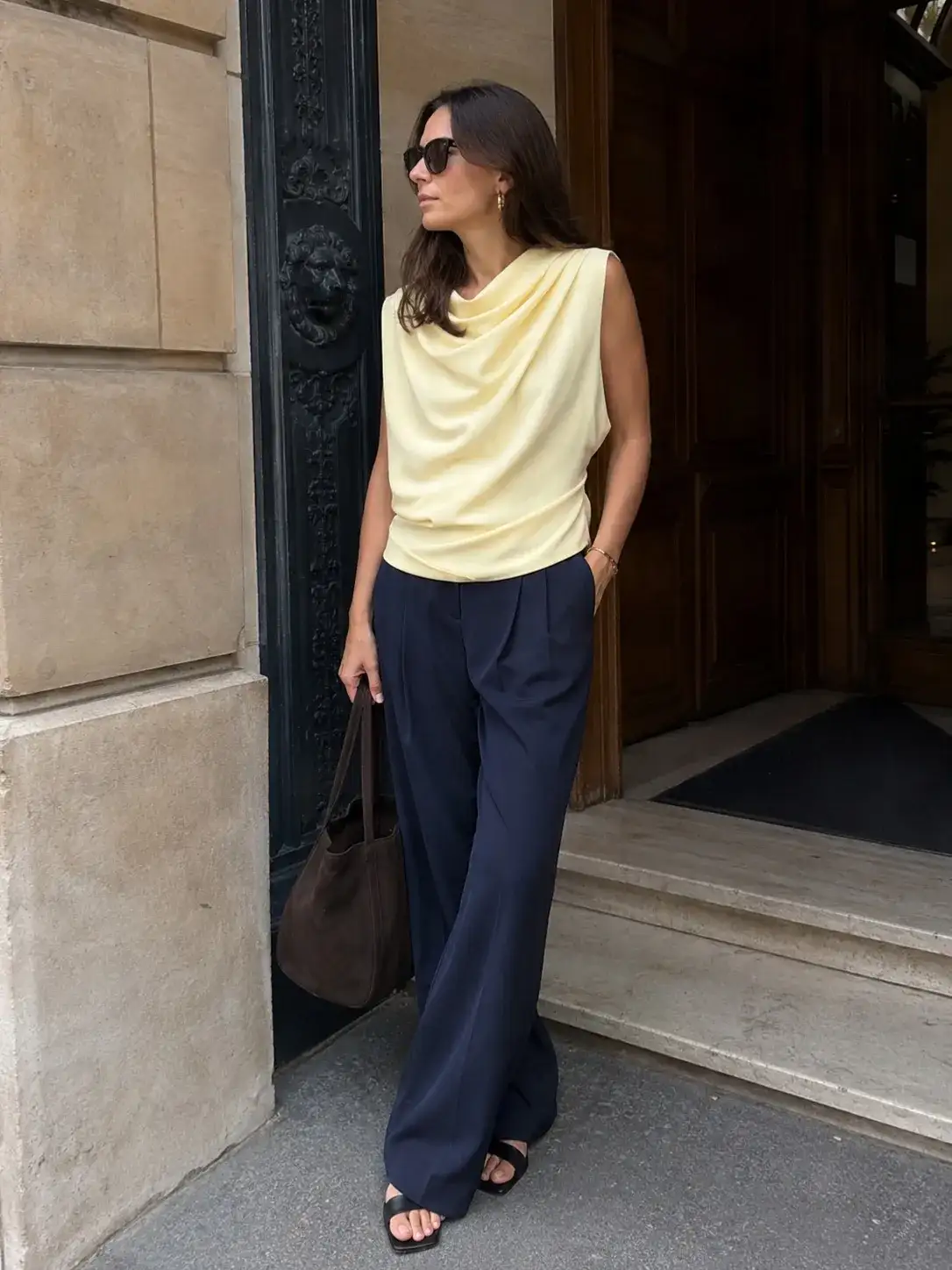 Draped Top + Wide-Leg Trousers + Sandals